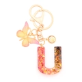 Resin letter U keychain with pink glitter sequins and colorful butterfly pendant - Letter U