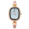 Montre femme à boîtier ovale en strass or rose et bracelet en cuir rose élégant - Rose