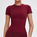 Dark red seamless yoga t-shirt with crew neck and ribbed trim for fitness training - S / Cherry Red