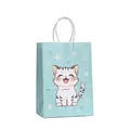 Blue paper gift bag with cute cartoon cat print and white rope handles 12-pack set - 407-1 Light Blue Cat Handbag