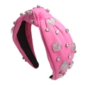 Pink knotted fabric headband with sparkling heart-shaped gemstones and round rhinestones - 4# Pink (Glitter Heart Decor)