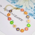 Colorful enamel daisy flower bracelet with golden chain and adjustable lobster clasp - Large Flower Bracelet / Colorful