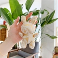 Porte-clés lapin en peluche blanc avec motifs géométriques dorés et chaîne argentée - Chaîne à Billes Régulière / Jaune (Blanc & Or)