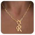Gold paperclip chain necklace featuring letter R pendant and OT buckle on model - Letter R