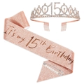 Set 15° compleanno oro rosa con fascia glitterata, tiara di strass e spilla - Set Fascia Corona Spilla / Set 15° Compleanno Oro Rosa