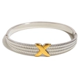 Two-tone stainless steel bangle with silver textured body and golden X-shaped buckle detail - X-Pattern Hinge Style / Silver Gold