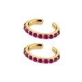 Detail view of gold ear cuffs featuring vibrant pink round gemstones on a white background - 24K / Gold Base - Magenta Zirconia (JQH0043-GG-1)