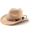 Cappello da cowboy etnico in camoscio kaki con perla turchese e fascia tessuta - M (56-58cm) / Cammello