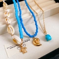 Sommer-Halsketten-Set mit Schildkröten-Anhänger, blauen Perlen und Muscheln in Geschenkbox - Halskette Nr. 4 - Gold - Blau - Weiß (dreiteiliges Set)