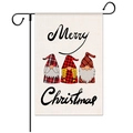 Close-up of linen Christmas garden flag with three gnomes and Merry Christmas text - Style 12