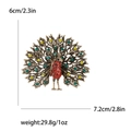 Retro peacock brooch in bronze finish with colorful rhinestones and size dimensions - Red
