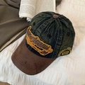 Casquette vintage en denim bleu avec visière en daim marron et broderie jaune - Réglable / Bleu Denim Foncé Lavé