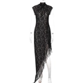 Detailaufnahme von schwarzem Spitzenkleid mit Stehkragen, Chinaknoten und Netzstruktur - S / Schwarz