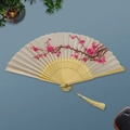 Japanese style folding fan with pink plum blossom pattern on beige fabric and gold tassel - White Ribs Style 75