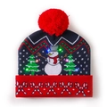 Dark blue LED Christmas beanie with snowman pattern and red pompom for adults - 2 Trees Snowman Christmas Hat