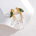 Gold leaf earrings with green and yellow enamel and white pearl tassel drops - Forest Leaf Style (E732)