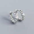 Silver twisted rope huggie earrings with sparkling square cut cubic zirconia accents - White Gold