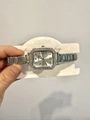 Silver square quartz watch with rhinestone bezel and metal chain strap on display card - WT009 Silver Square Rhinestone