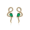 Macro shot of 18K gold snake earrings with green zircon drops and pavé crystals - Geometric Snake Stud Earrings Set / Gold/Emerald Green