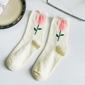 Cream crew socks with pink tulip prints and scalloped edges in a minimalist floral style - One Size / White