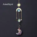 Golden sun and moon suncatcher with amethyst crystal point and wire wrap detail - Amethyst Moon Wind Chime Pendant