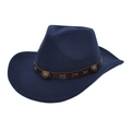 Dark blue wool cowboy hat featuring a vintage brown leather belt with metal rivets - M (56-58cm) / Navy Blue