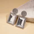 Detail showing geometric silver earrings with sparkling rhinestones and rectangular crystals - Silver (Silver Pin)