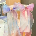 Girl's rainbow gradient mesh bow hair clips with pearls and golden chain tassels - Set Blue And Purple With Chain