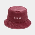 Detailed close-up of CHANCE letter embroidery on vintage washed red cotton bucket hat - M (56-58cm) / Burgundy