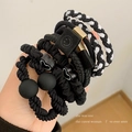 Elastic black hair ties set with checkered fabric and cute heart smile charms - Cool Mix