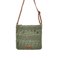 Olive green hollow paper rope woven crossbody bag with brown leather strap - Small / Army Green