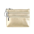 Champagne gold genuine leather coin purse with three zippers and a metal key ring hook - Gold