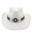 Dettaglio cappello da cowboy in paglia bianca con fascia etnica di perline e pietra turchese - M (56-58cm) / Bianco