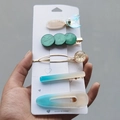 Detail of 5-piece candy color hair clip set featuring gradient blue fish tail and gold beads - Fish Tear (5 Piece Set)