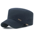 Klassieke donkerblauwe katoenen platte militaire pet met vintage metalen zijbadges - Eén Maat(Verstelbaar) / Marineblauw