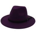 Detail of dark purple wool fedora hat featuring black leather band and gold buckle - Purple