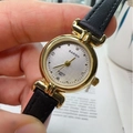 Barsh women's quartz watch with gold round case, silver diamond dial, and black leather strap - Matte Black