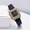 Orologio al quarzo da donna quadrato dorato con strass e cinturino in pelle nera - Cassa Oro Nero