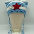 Blue and white striped cat ear beanie with red star detail and braided tassels - Blue White Long Tassels