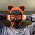 Handmade orange and black crochet skull balaclava with funny cat ears and mask - Adult 56-59cm / Orange Cat Ear Hat With Black Skull