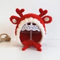 Red and white knit baby bonnet with reindeer antlers and ear flaps for winter - Red Deer - Lined