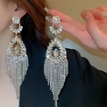 Elegant silver rhinestone flower tassel earrings with long fringe for women party wear - 44# Silver Earring Post - Regular - Silver