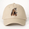 Classic khaki cotton baseball cap featuring a detailed horse head print for outdoor leisure - One Size / Khaki