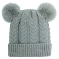 Dettaglio cappello in maglia grigia per neonati con due pompon e baffi ricamati - Taglia unica / verde chiaro