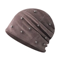 Women's chenille knit beanie with silver metal beads and stylish side slouchy pleats - Adjustable / Coffee With Steel Beads