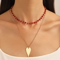 Ensemble de colliers superposés avec perles rouges et pendentif cœur doré poli - Red Geometric Bead Double Layer Heart Necklace