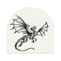 Detailansicht der cremefarbenen Strickmütze mit schwarz-grauem Drachen-Grafikmuster - M (56-58cm) / Weiß