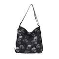 Gothic style black tote bag with skull floral print and white loyalty strap text - LOYALTY Letter Strap / Black
