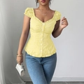 Elegant yellow and white striped blouse with heart neckline and puff sleeves - S / Yellow