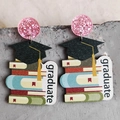 Handmade graduation wooden earrings with colorful books pattern and graduate text - Book Cap Graduate-Glitter Stud